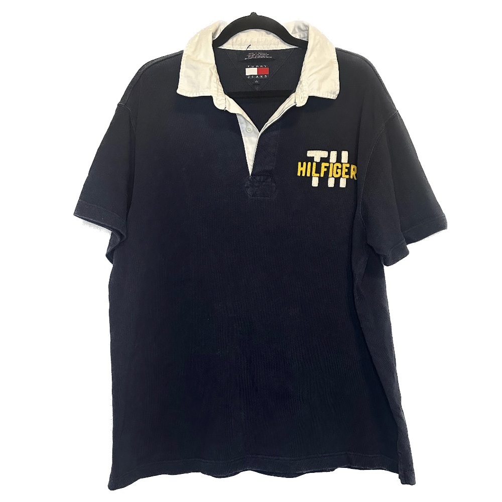 Rugby Vtg 2003 Tommy Hilfiger Mens Logo Spellout Polo Shirt size Large Y2K